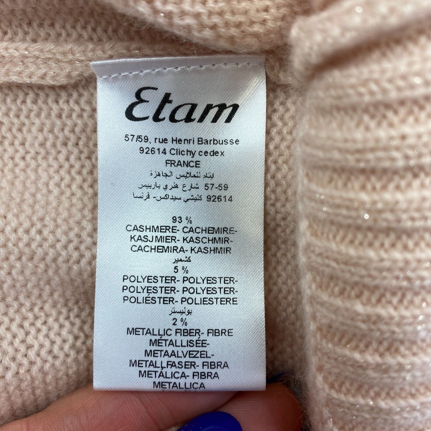 Etam Women Light Pink Cashmere Crew Neck Sweater Jumper Pullover Size L