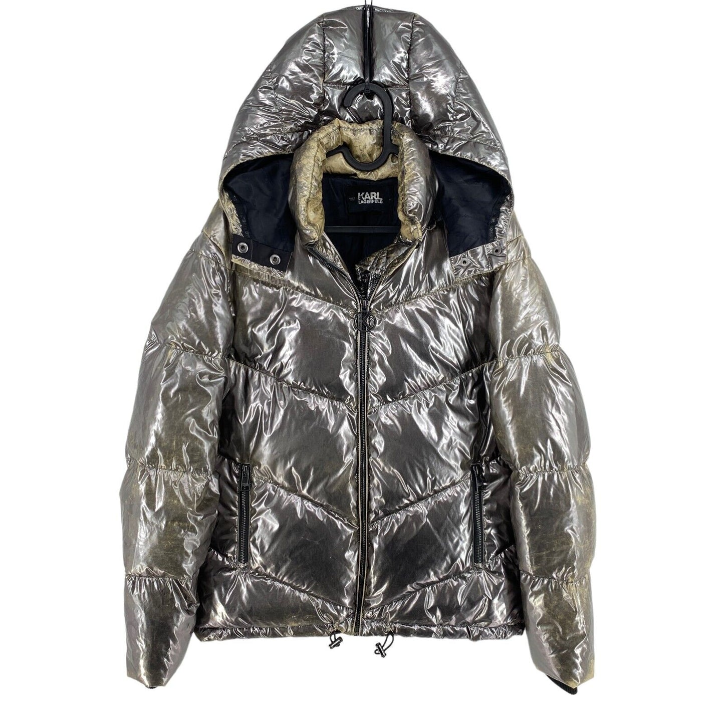 RRP $595 KARL LAGERFELD Grey Metallic Down Hooded Puffer Jacket Coat Size S