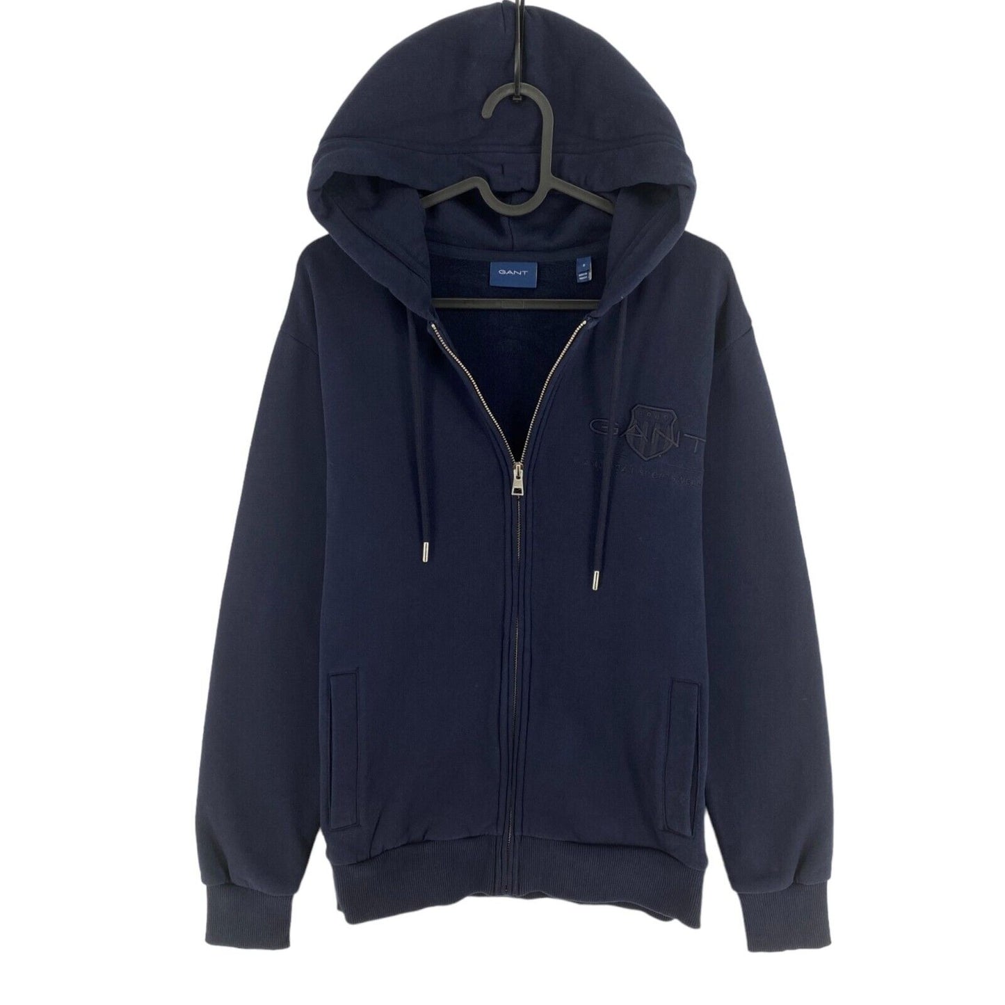 GANT Navy Blue Tonal Archive Shield EMB Full Zip Hoodie Sweater Pullover Size S