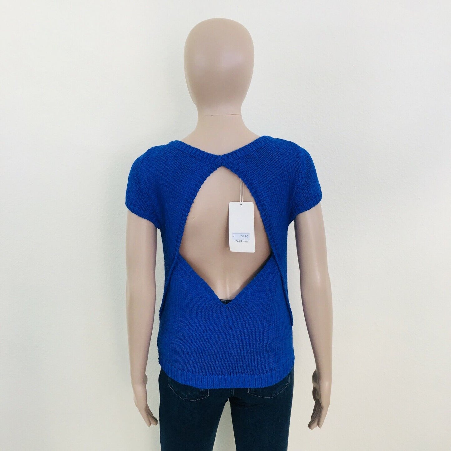 ZARA Blue Round Neck Cotton Knit T Shirt Top Jumper Size S