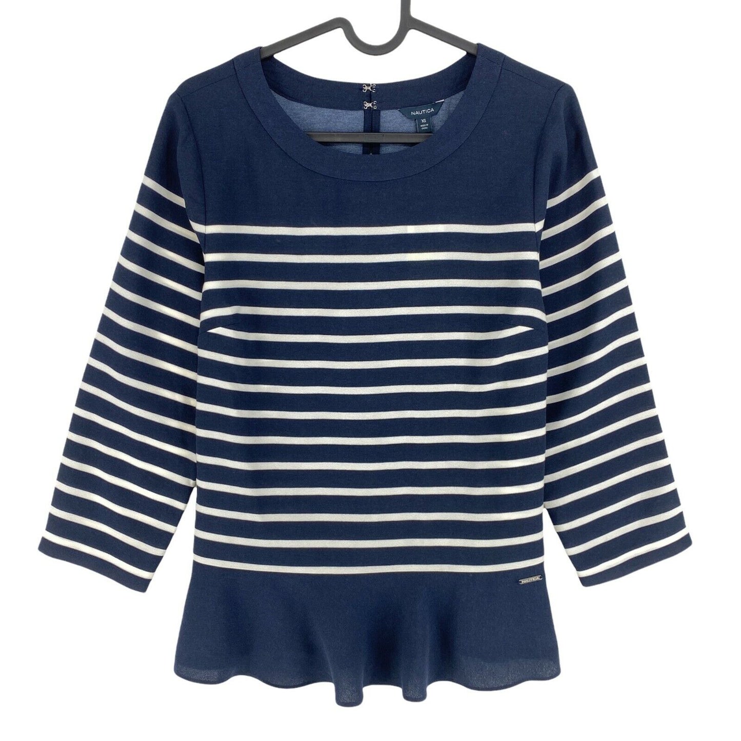 NAUTICA Navy Blue Striped Long Sleeves Flared Crew Neck Blouse Size XS