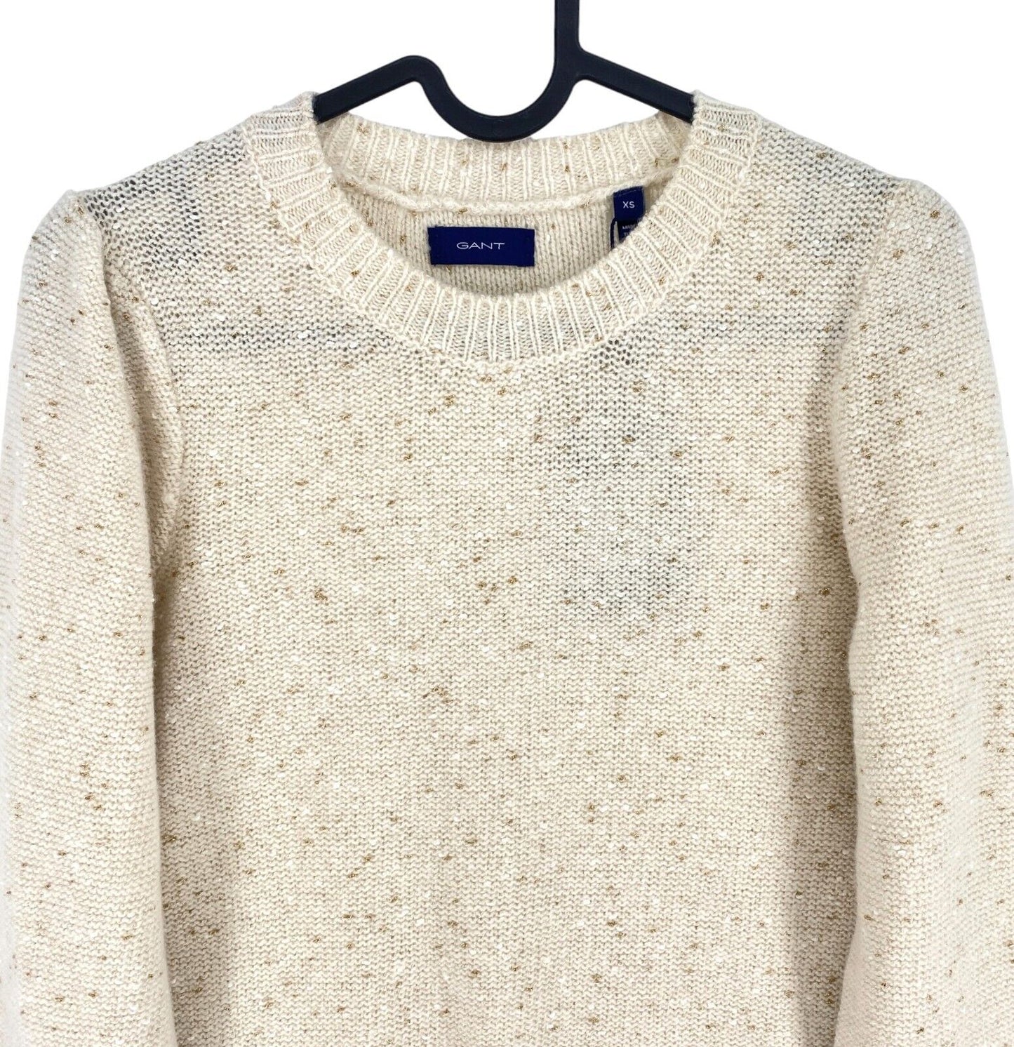 GANT Beige glitzernder Pullover aus Wollmischung mit Rundhalsausschnitt, Größe M