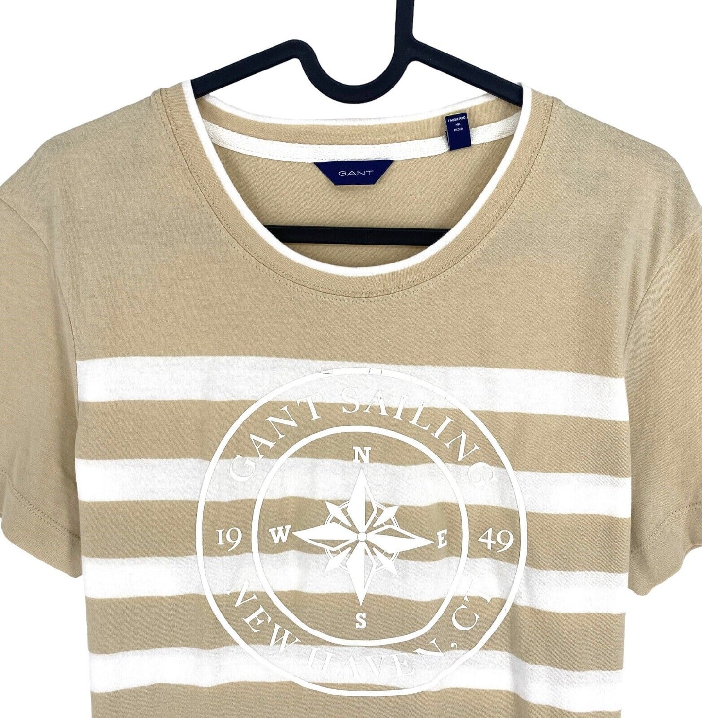 GANT Women Light Brown Striped Nautical Logo Crew Neck T Shirt Size M