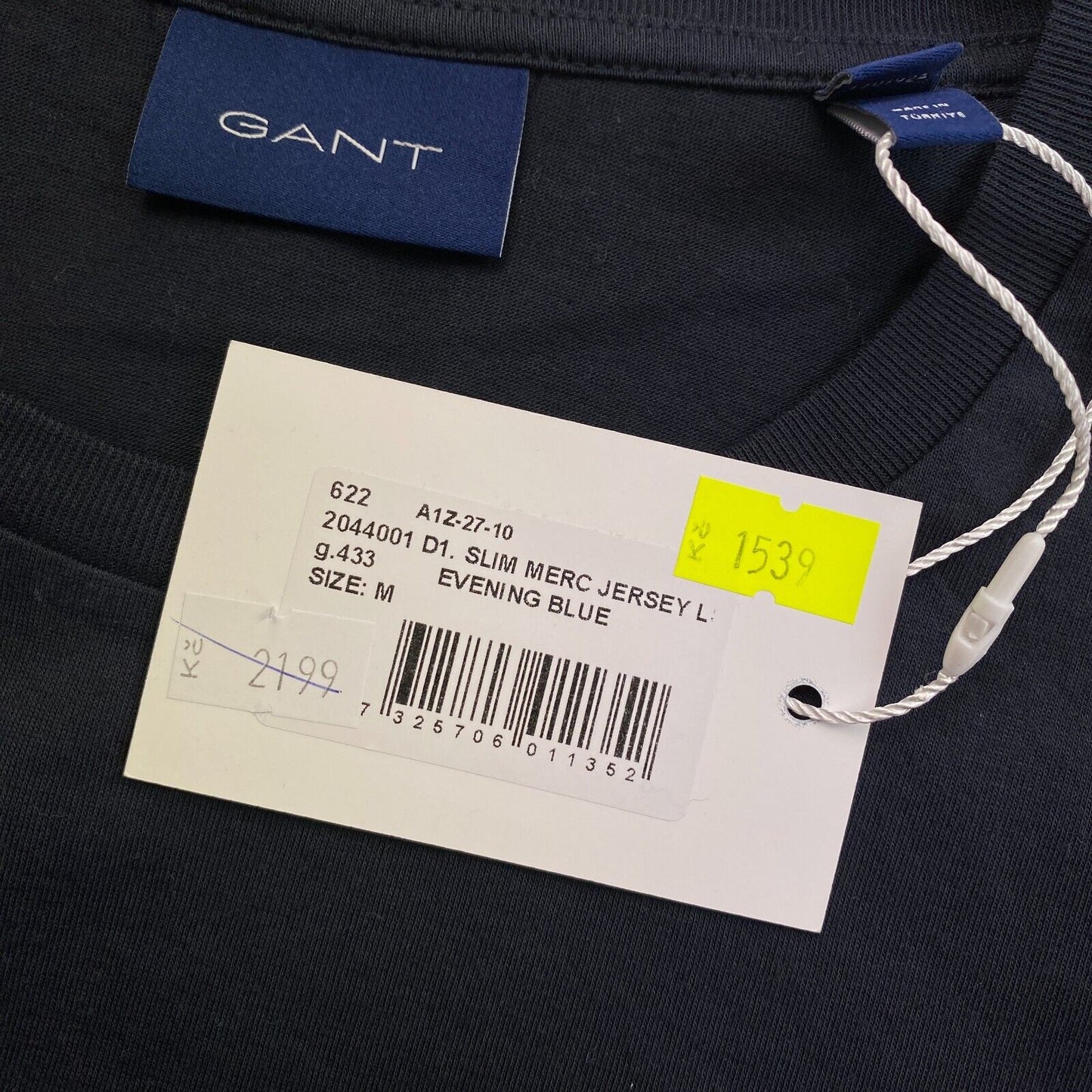 GANT Navy Blue Mercerized Slim Fit Long Sleeves Crew Neck T Shirt Size M