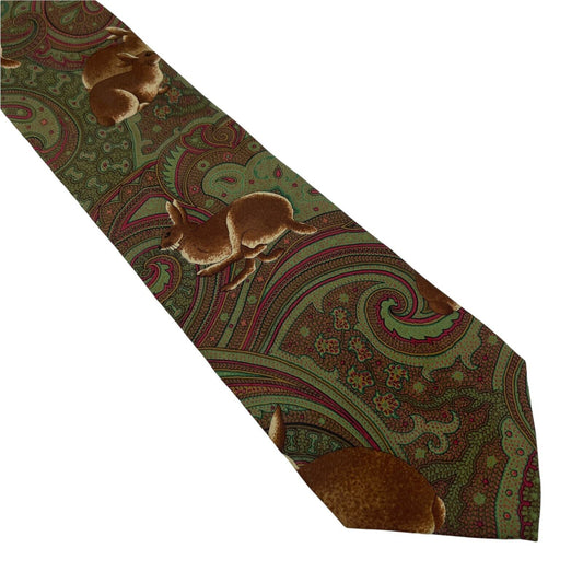 Vintage GANT Green Brown Rabbits Ornament 100% Silk Hand Made Tie