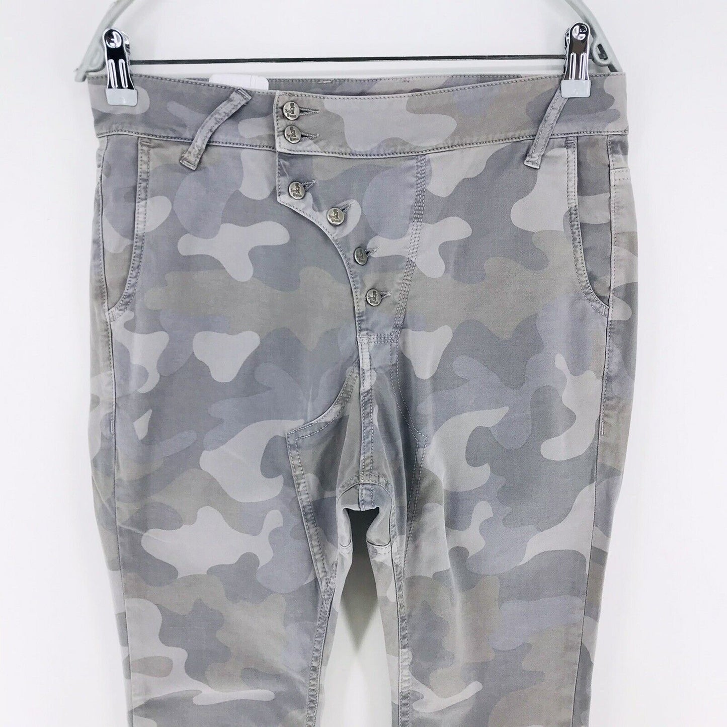 RRP €144 SEXY WOMAN Grey Stretch Regular Straight Fit Camouflage Trousers Size S