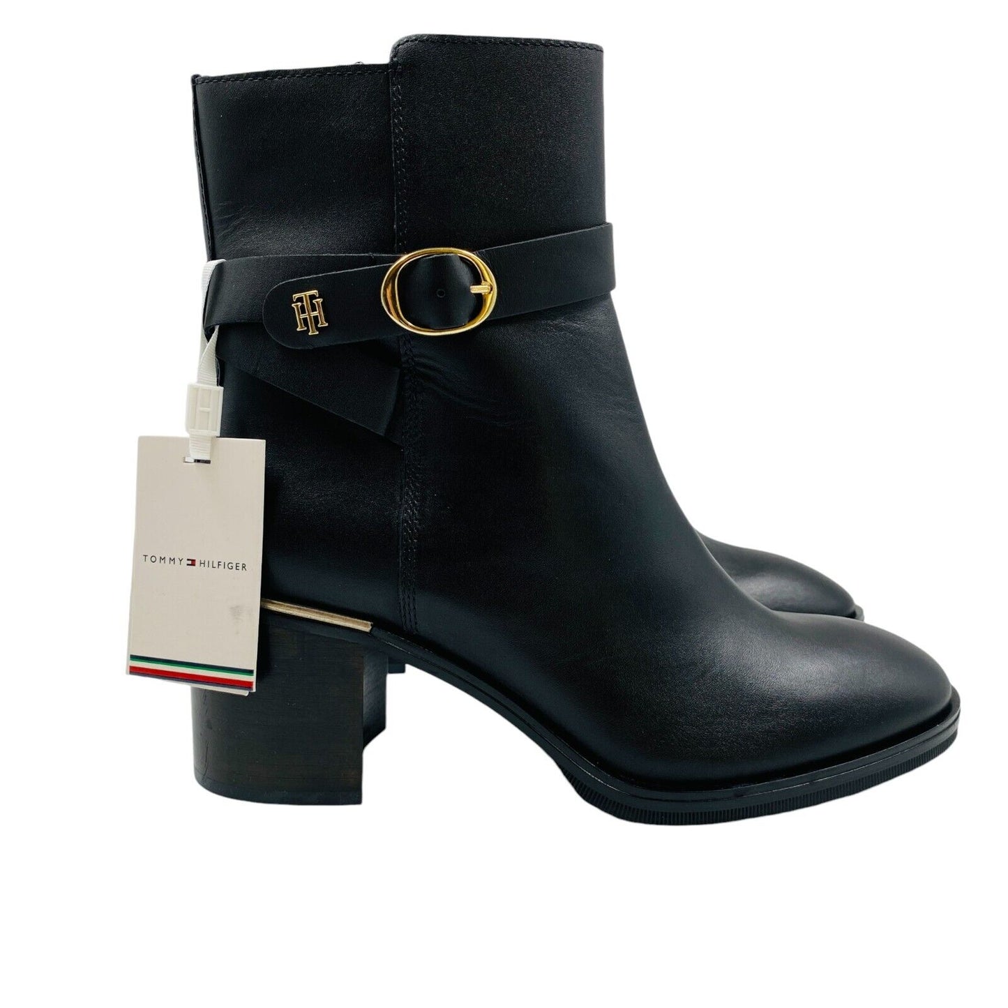 Tommy Hilfiger Women Black Belted Leather Heeled Boots EUR 39 US 8.5 UK 6