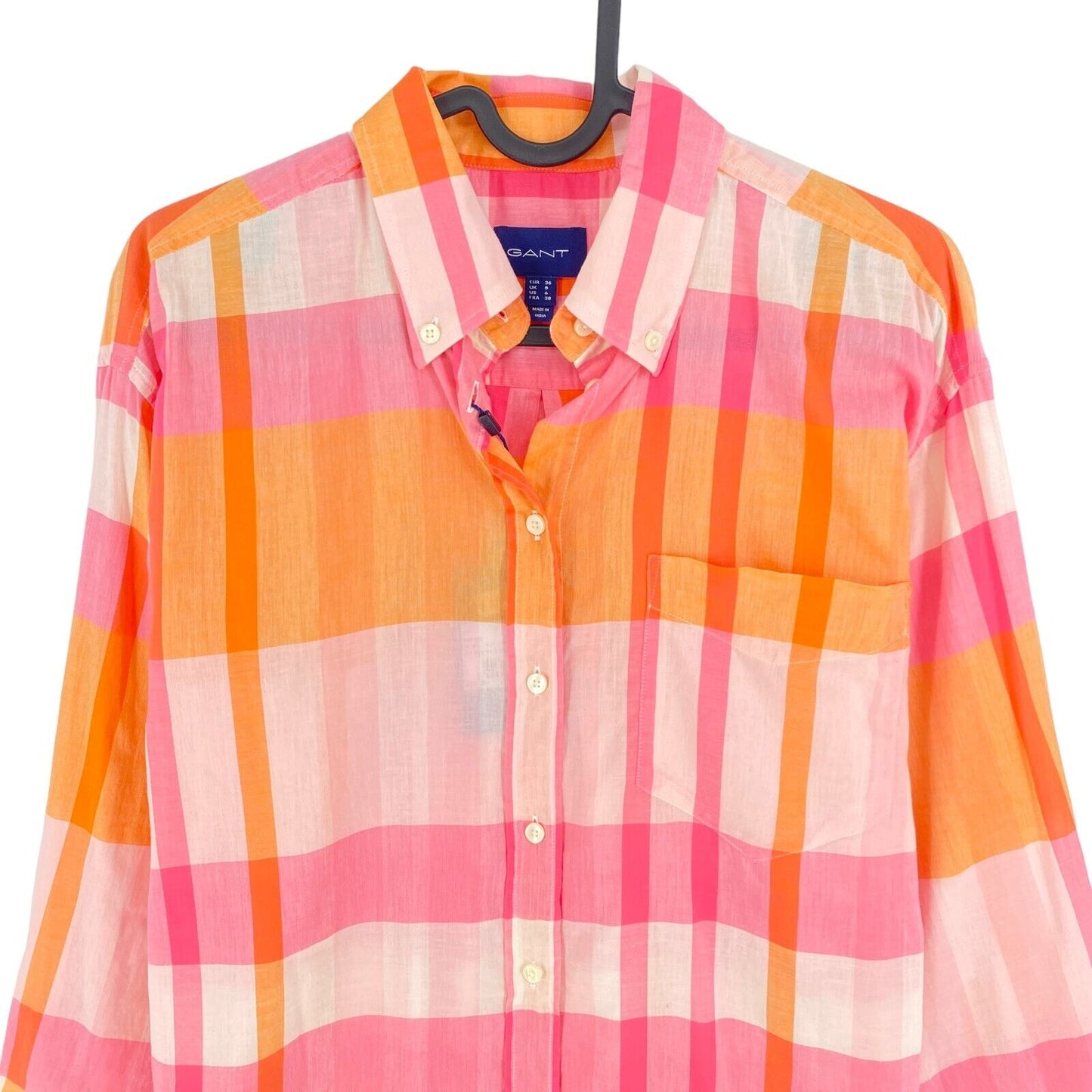 GANT Pink Relaxed Wide Cuff Madras Shirt Size EU 36 UK 8 US 6