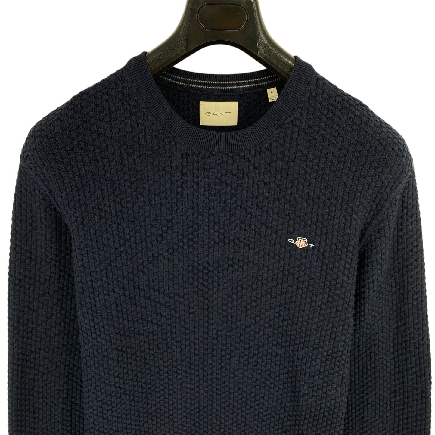 GANT Navy Blue Textured Cotton Crew Neck Jumper Sweater Size L