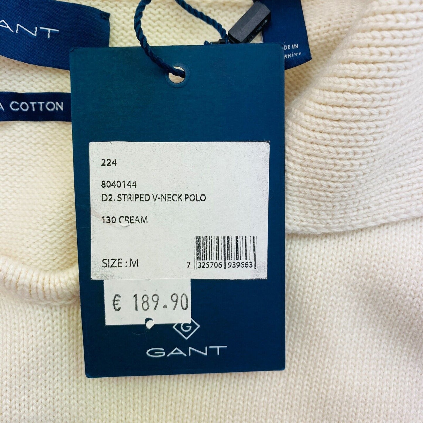 GANT Beige gestreifter Polopullover mit V-Ausschnitt, Größe M