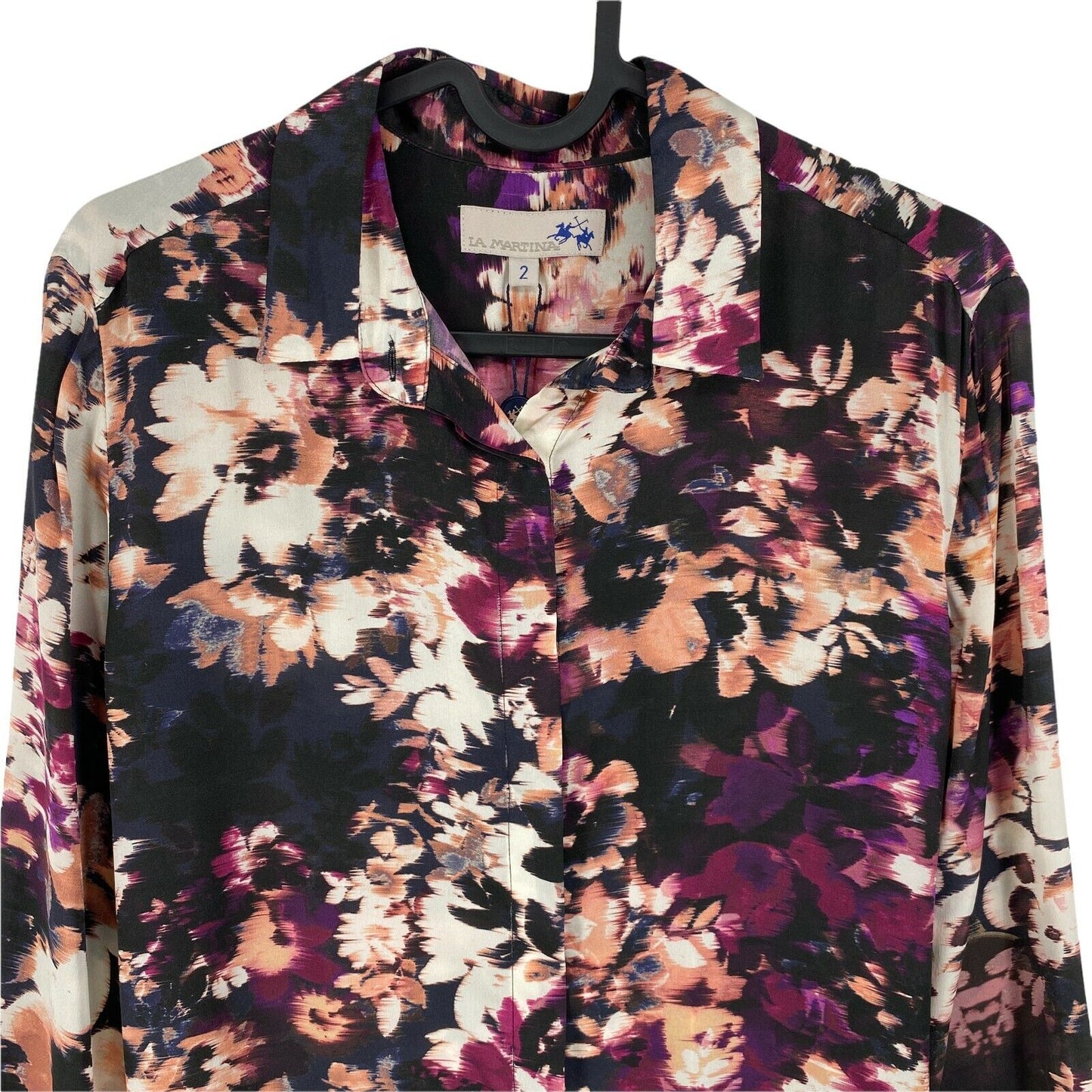 LA MARTINA Black Floral Print Silk Satin Shirt Size 2 / S