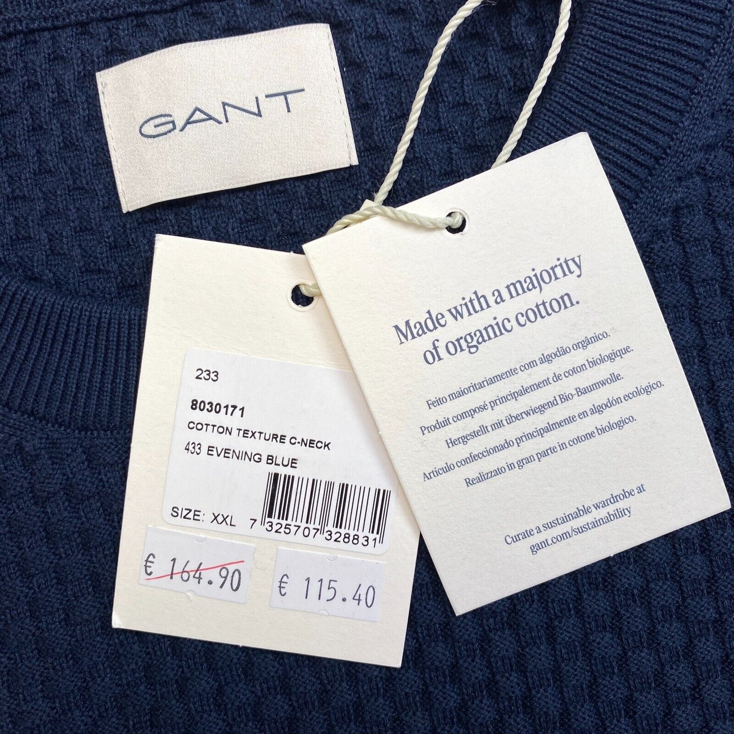 GANT Men Navy Blue Cotton Texture Crew Neck Sweater Pullover Size 2XL XXL