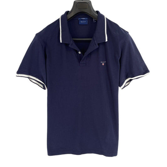 GANT Men Navy Blue Herringbone Tipping Pique Short Sleeve Polo Shirt Size 2XL