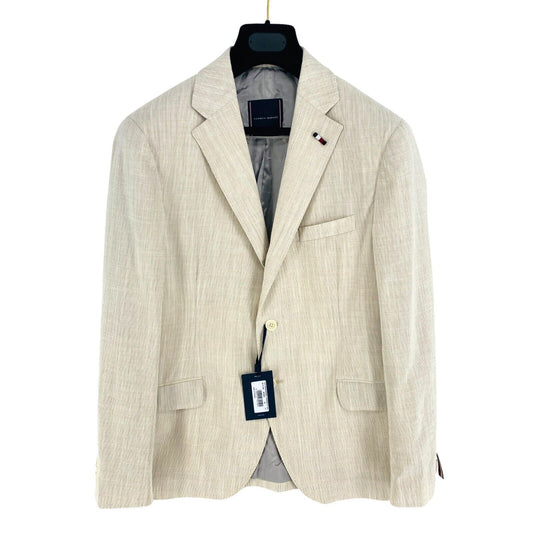 TOMMY HILFIGER Men Beige Slim Fit Wool Linen Blazer Jacket Size EU 52 UK/US 42