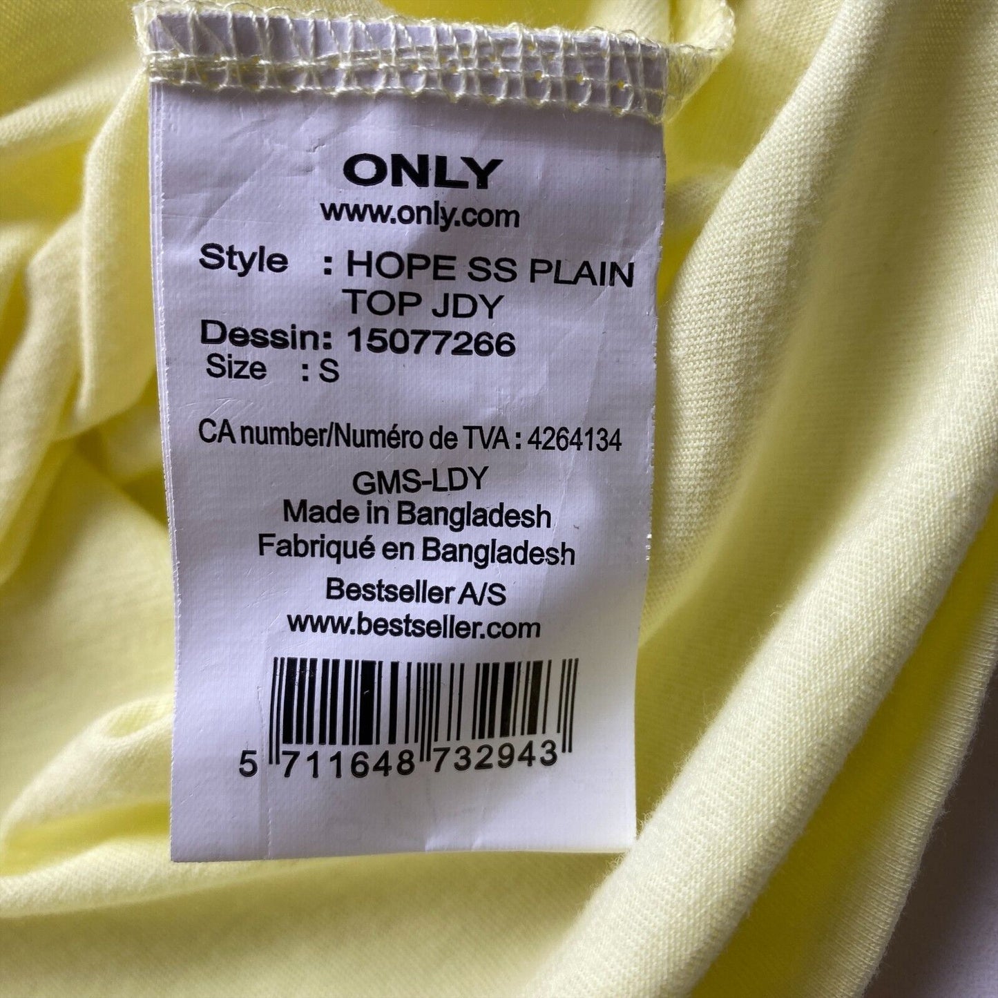 JACQUELINE de YONG Yellow 100% Cotton Short Sleeve Round Neck T-Shirt Top Size S