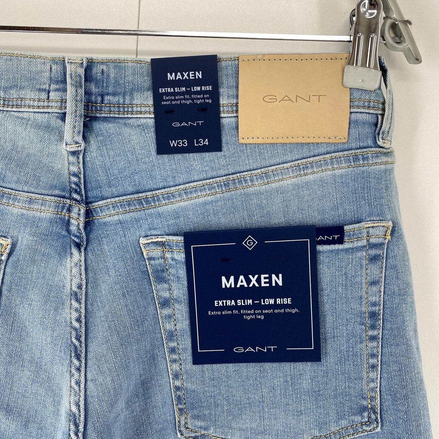 GANT MAXEN Mens Light Blue Stretch Low Rise Extra Slim Fit Jeans Size W33 L34