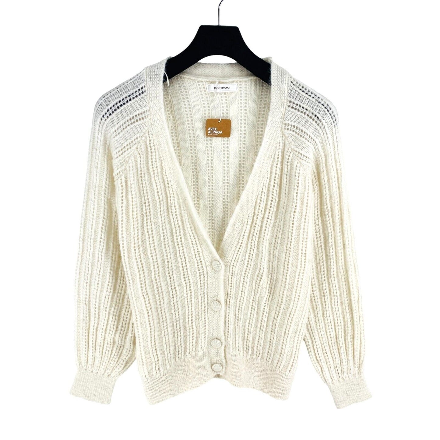 PROMOD Women White V Neck Knitted Cardigan Sweater Jumper Size XL