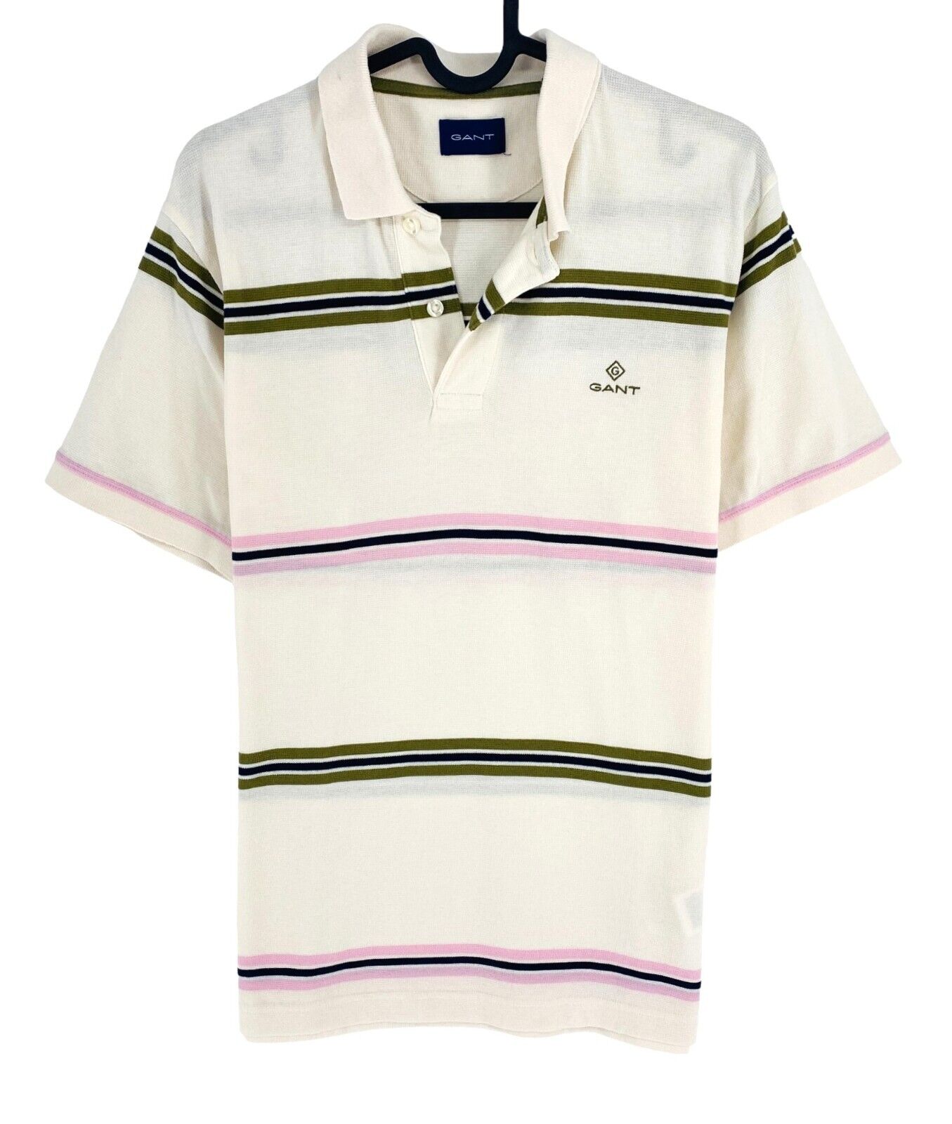 GANT Men White Narrow Stripe Pique Short Sleeve Polo Shirt Size S