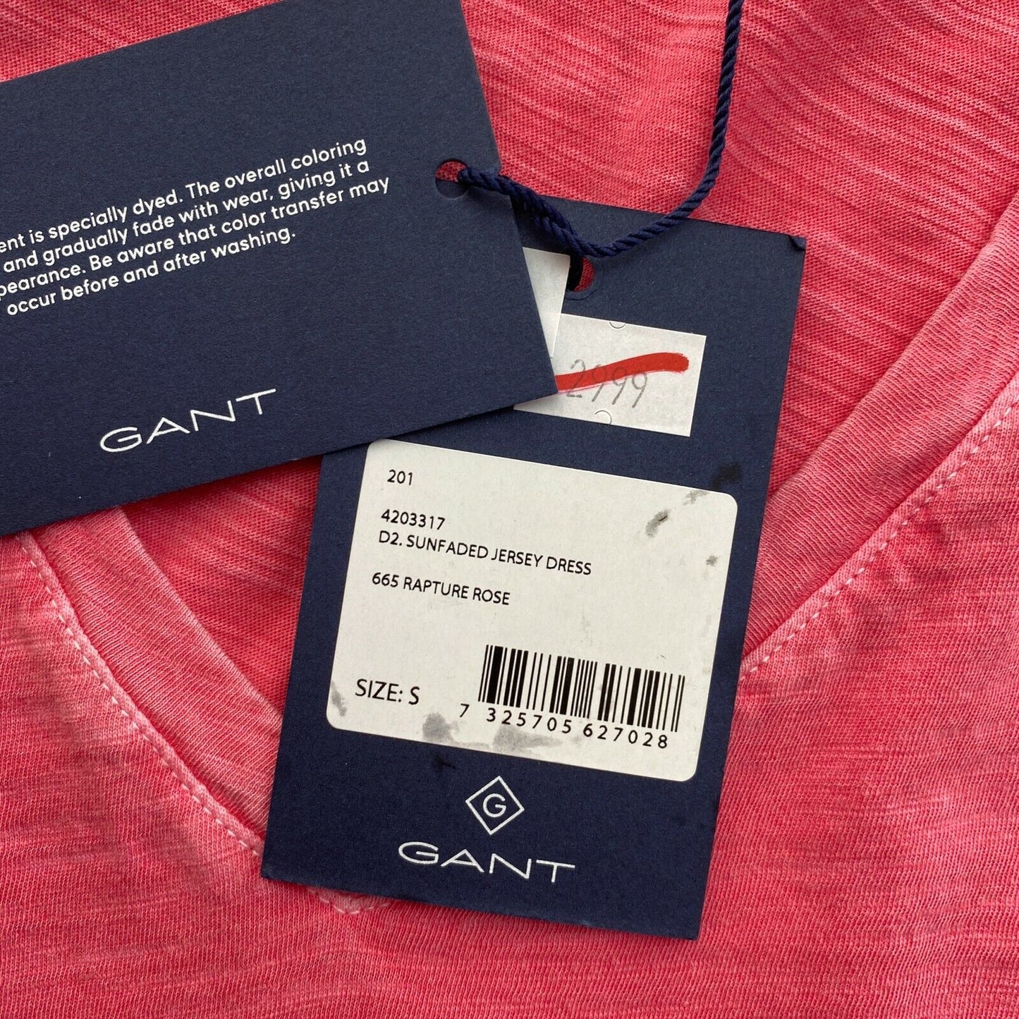 GANT Pink Sun Faded Jersey V Neck Dress Size S