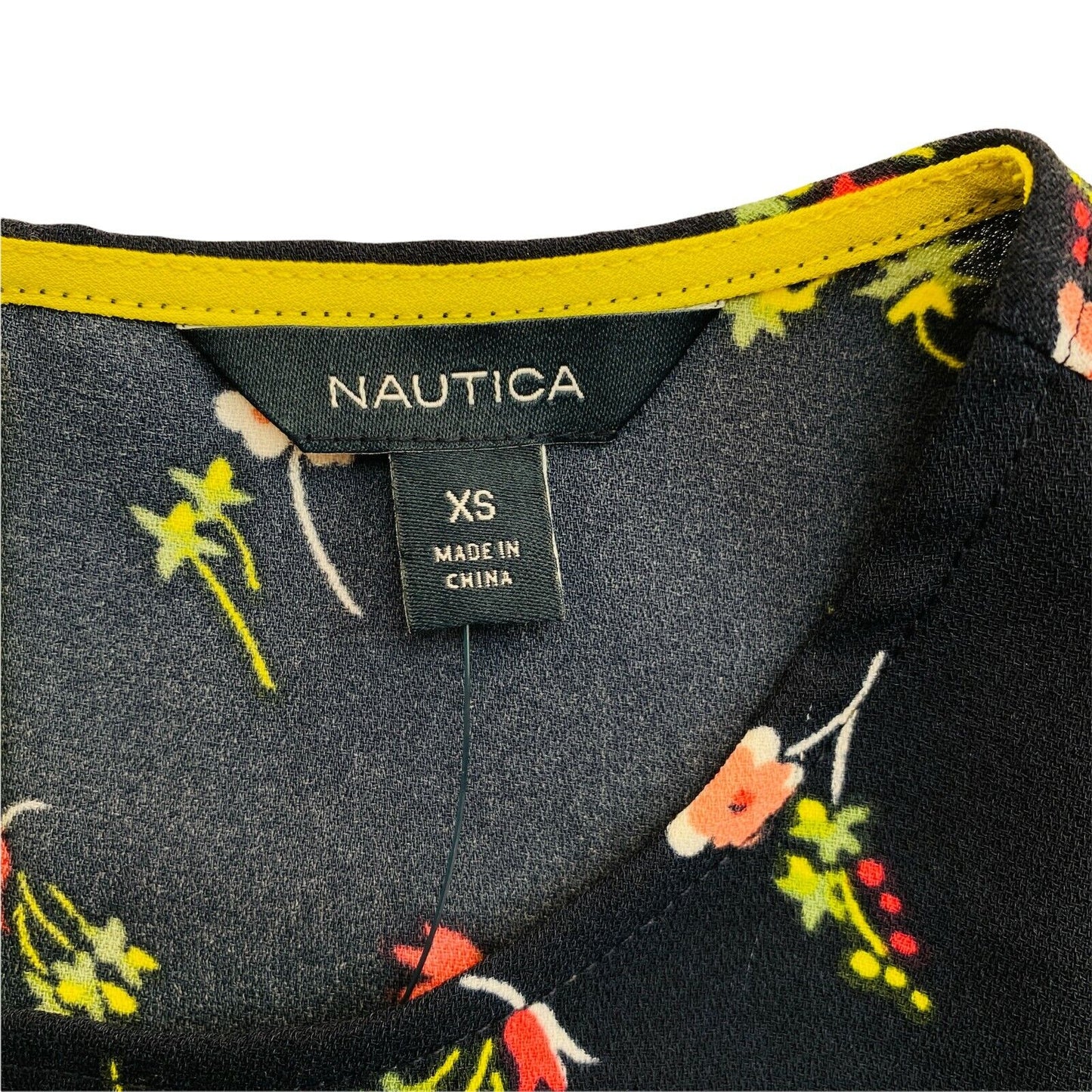 NAUTICA Bluse mit Rundhalsausschnitt und kurzen Ärmeln, Blumenmuster, Dunkelblau, Größe XS