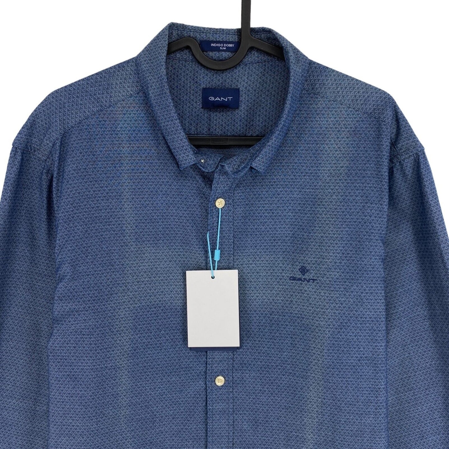 GANT Navy Blue Tech Prep Indigo Dobby Slim Fit Shirt Size L 41/42 16.5