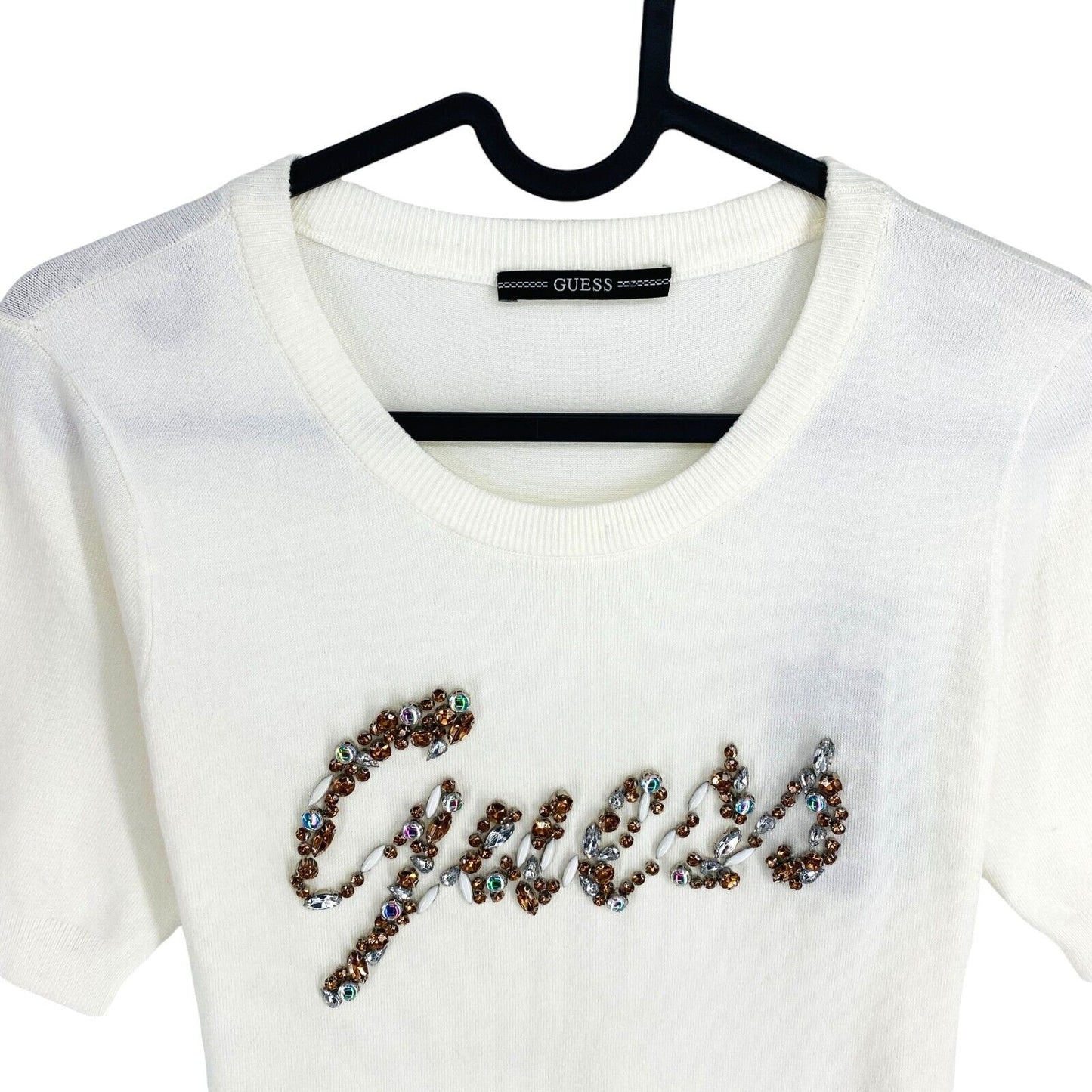 GUESS Women White Beaded Logo Crew Neck Short Sleeves T Shirt Size S