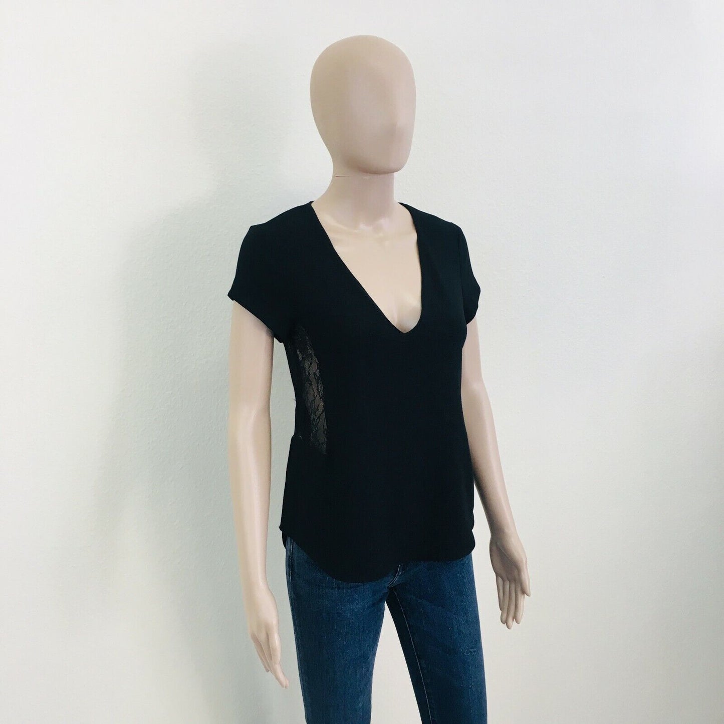 ZARA Noir V Neck T Shirt Top Blouse Taille XS