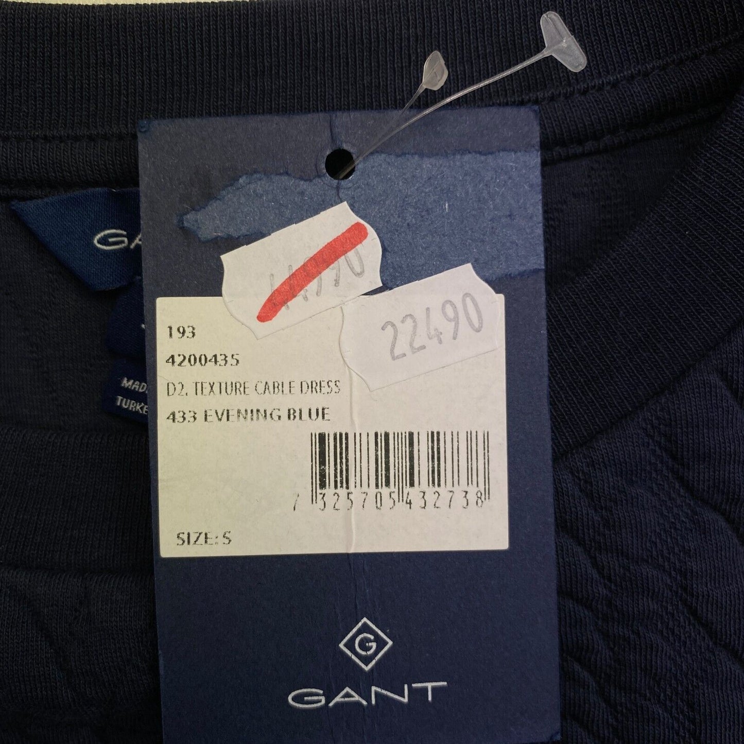 GANT Marineblaues, strukturiertes Kleid mit Zopfmuster und langen Ärmeln, Größe S