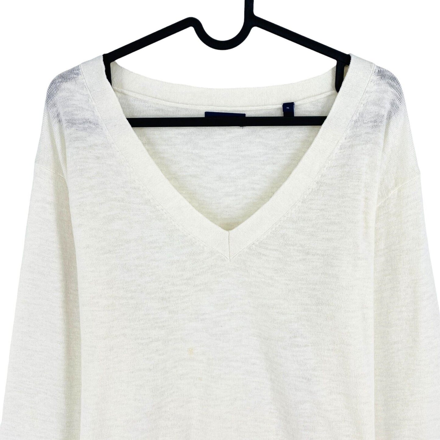 GANT Women White Linen Blend V Neck Jumper Sweater Size XL