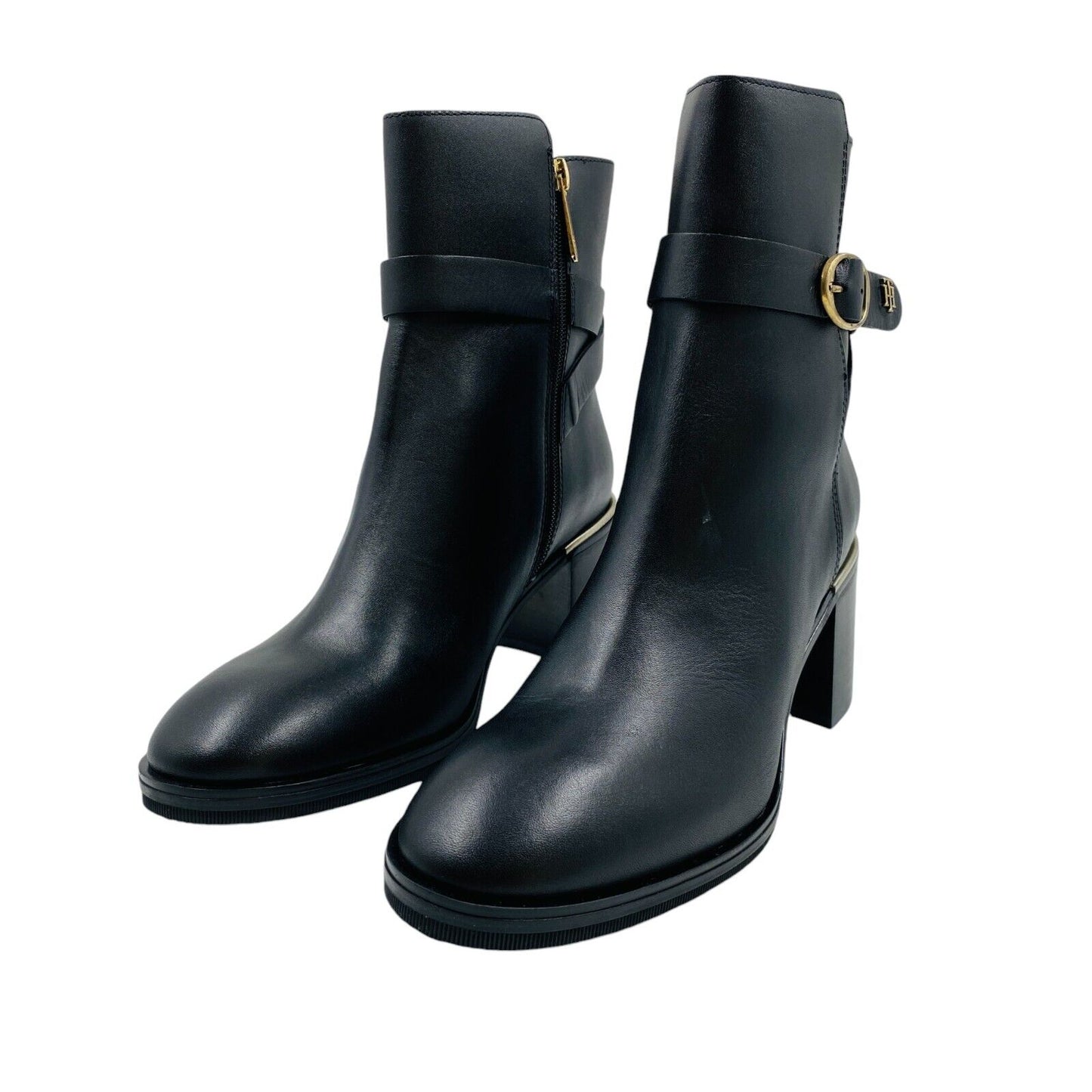 Tommy Hilfiger Women Black Belted Leather Heeled Boots EUR 39 US 8.5 UK 6