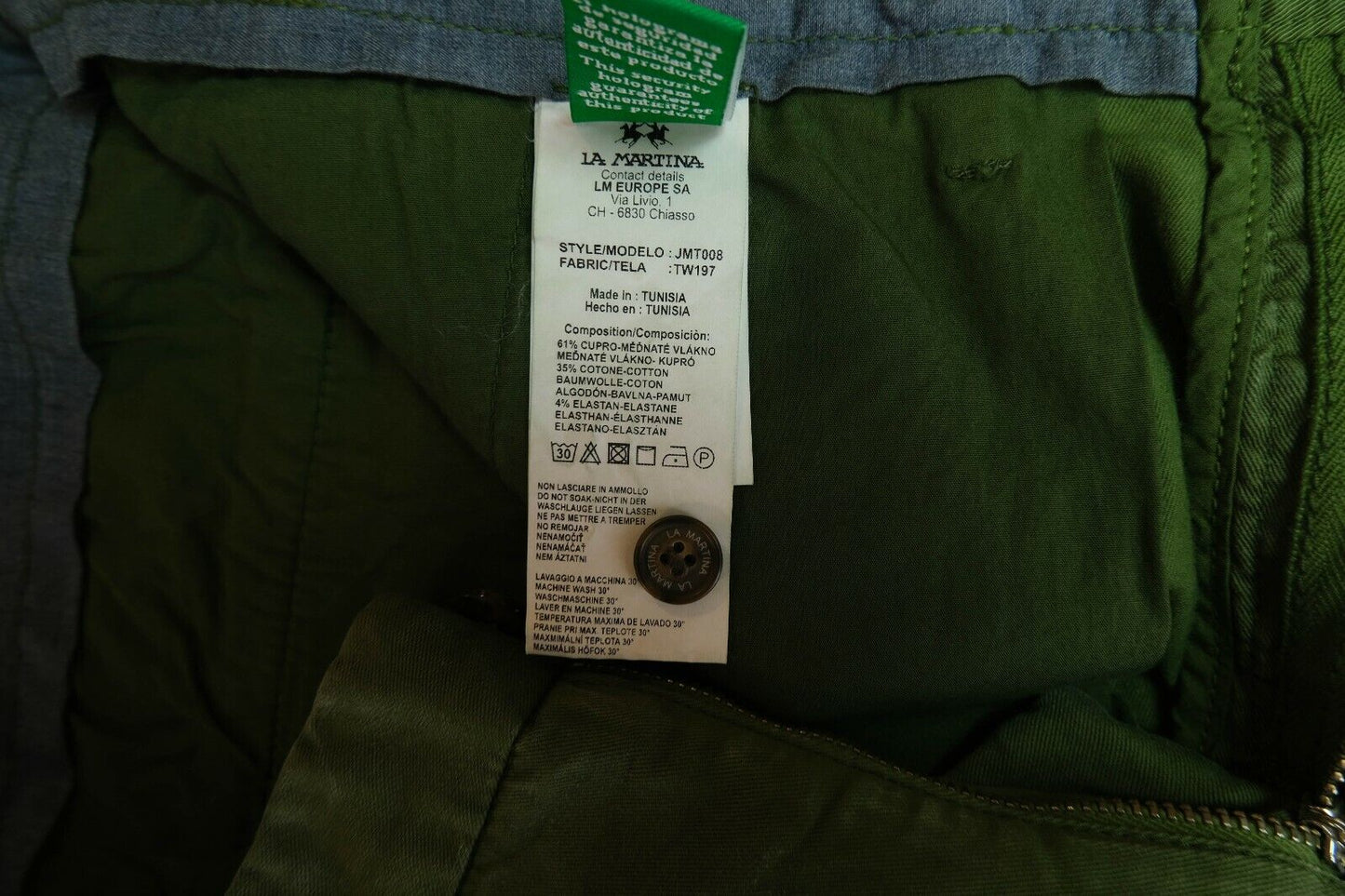 LA MARTINA Green Cotton Chino Regular Fit Pants Trousers Size W34 L34