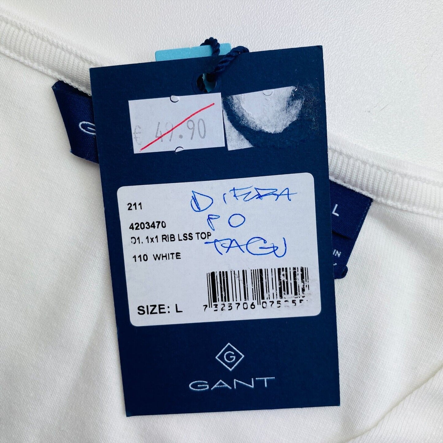 GANT White 1x1 Rib Round Neck T Shirt Size L