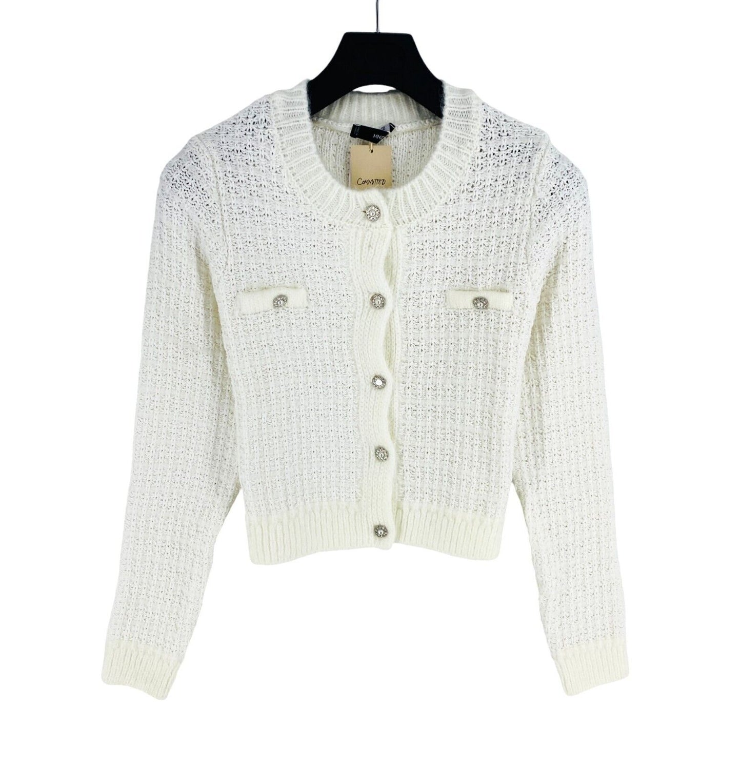 Mango MNG Women White Crew Neck Cardigan Jumper Pullover Size L