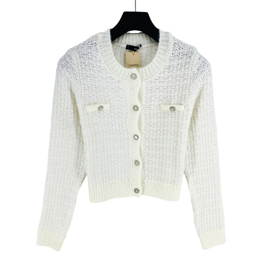 Mango MNG Women White Crew Neck Cardigan Jumper Pullover Size L