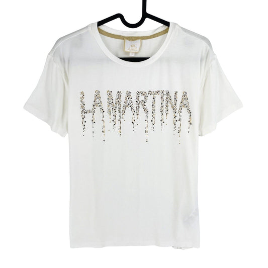 LA MARTINA Women White Rhinestone Logo Crew Neck Short Sleeve T Shirt Size 3 / M