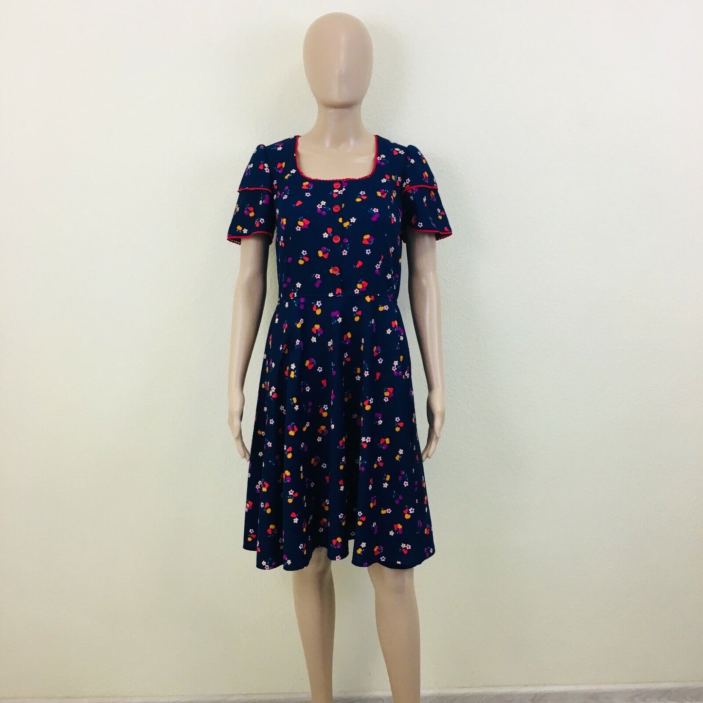 Custom Tailored French Flower Dark Blue Dress Size EUR 38 US 8 UK 10