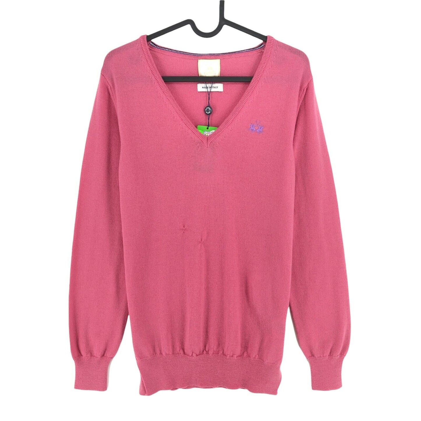 LA MARTINA Pullover mit V-Ausschnitt, 100 % Merinowolle, Rosa, Größe 3/L