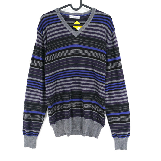 TRUSSARDI Grey V Neck Striped Jumper Sweater Size L