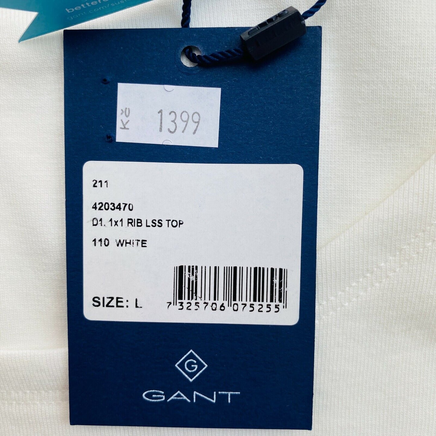 GANT White 1x1 Rib Crew Neck T Shirt Size L