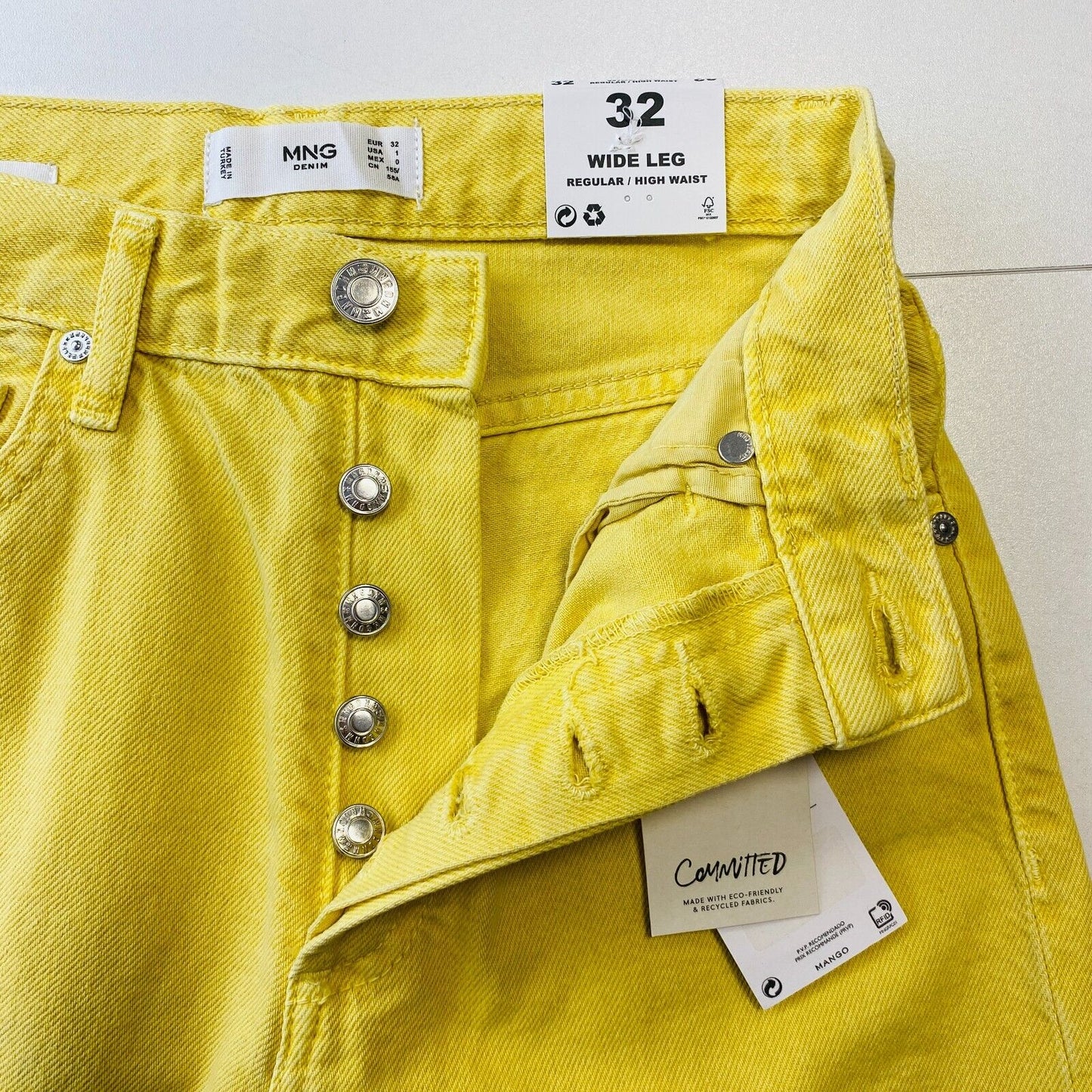 MANGO Women Yellow High Waist Regular Wide Leg Fit Jeans EUR 32 US 1 W23