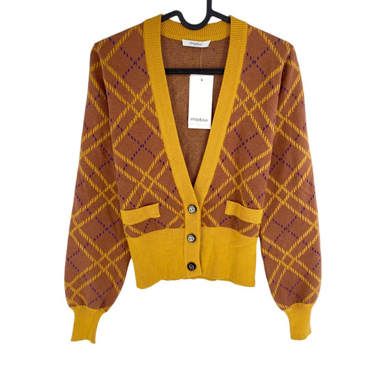 MOTIVI Women Brown Geometric V Neck Cardigan Sweater Size XS