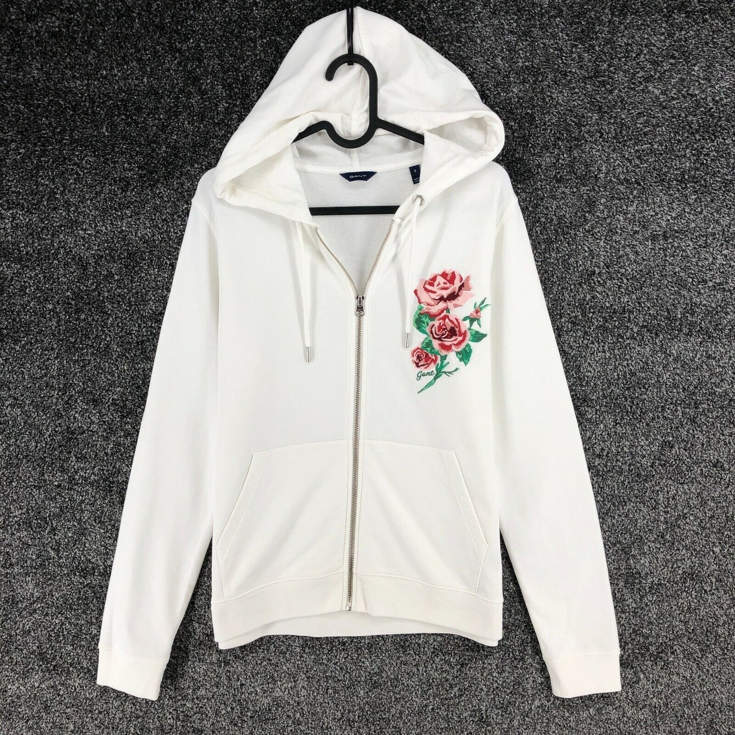 GANT Weißer Kapuzenpullover mit durchgehendem Reißverschluss und Blumenstickerei, Größe SML