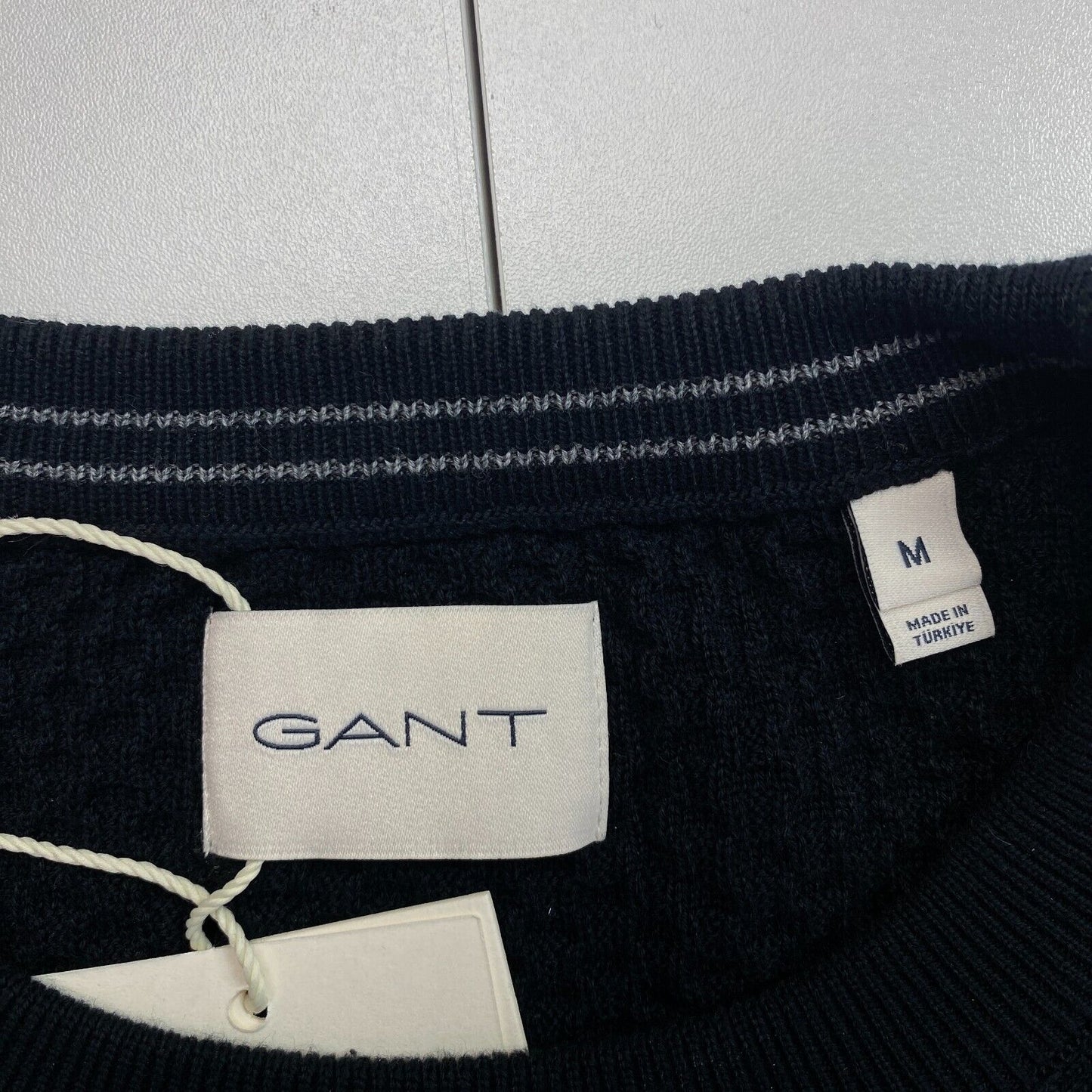 GANT Men Black Cotton Texture Crew Neck Sweater Jumper Size M