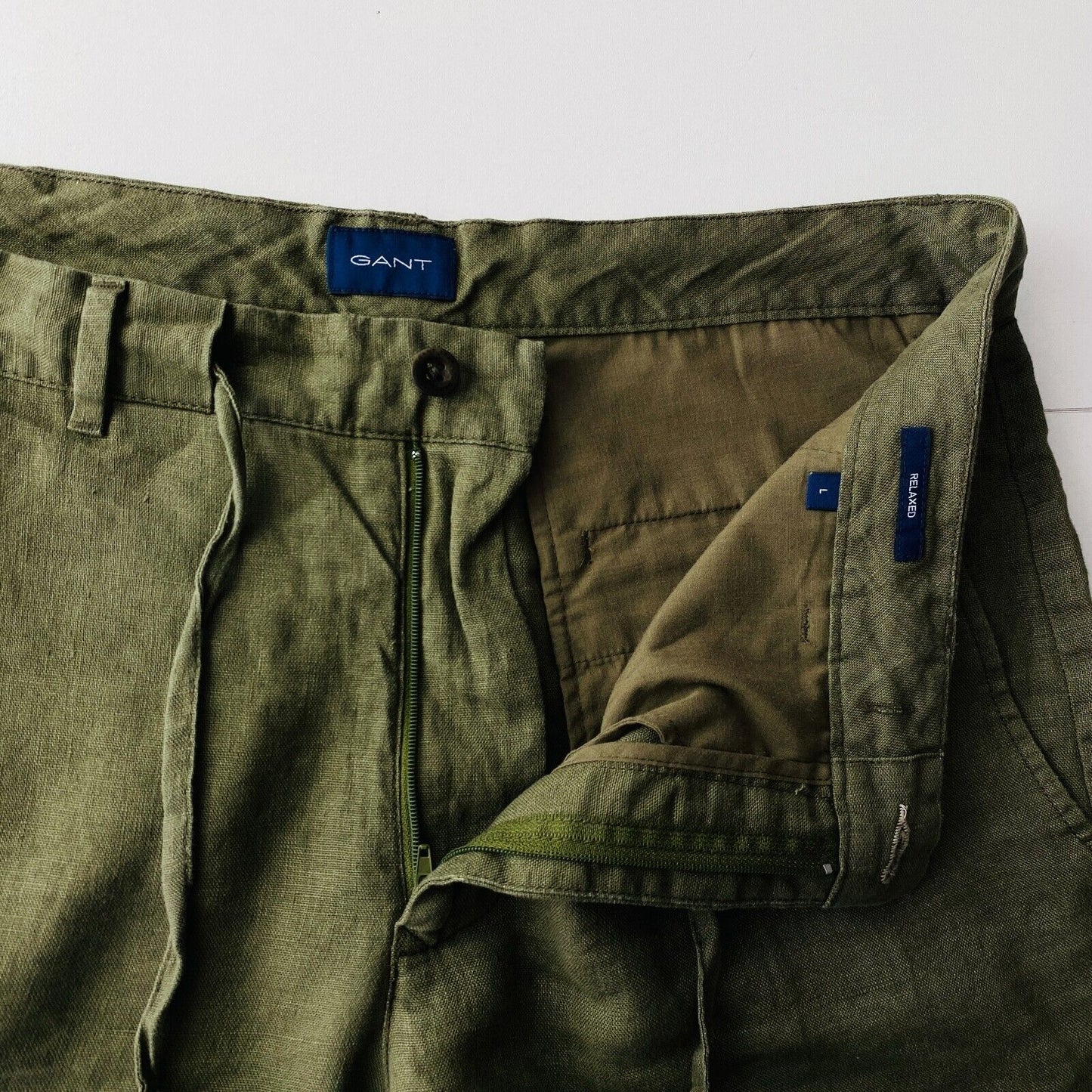 GANT Dark Green Mens Relaxed Fit Linen Shorts Size L