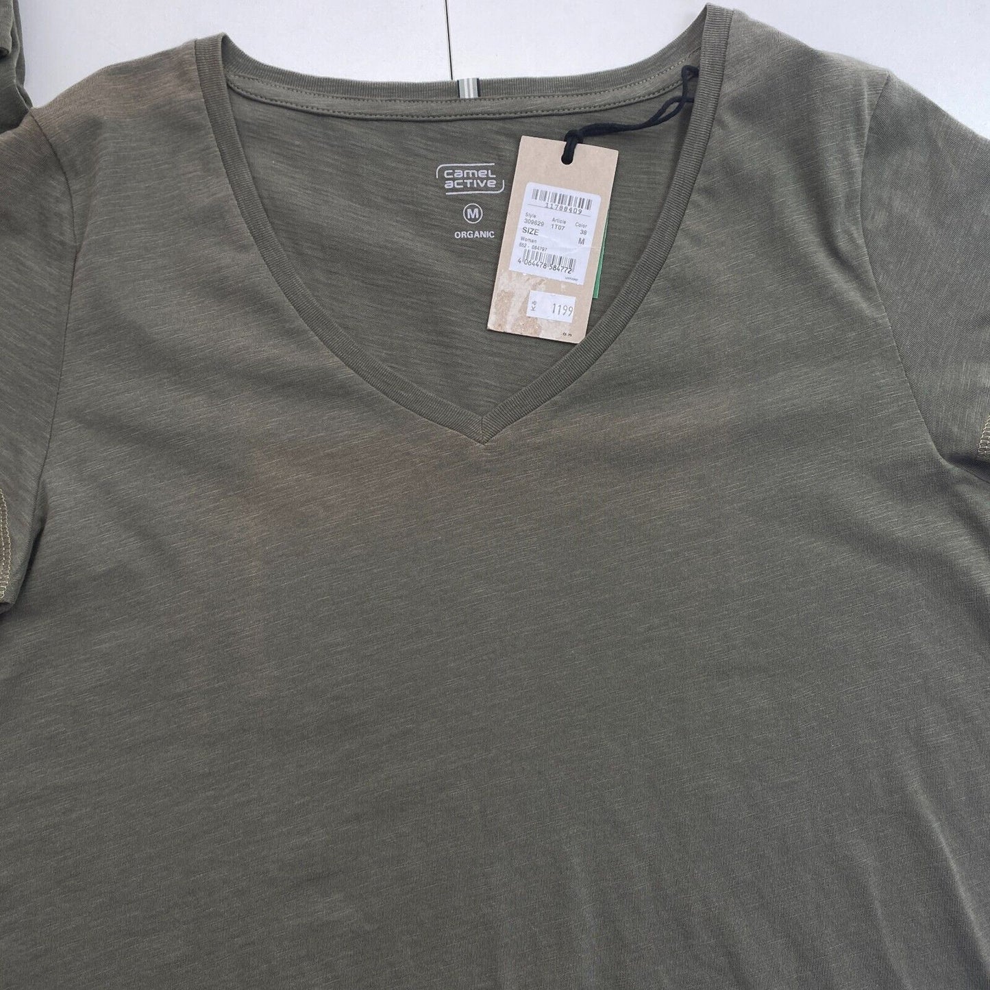 Camel Active Women Dark Green Solid V Neck Short Sleeves T Shirt Size M