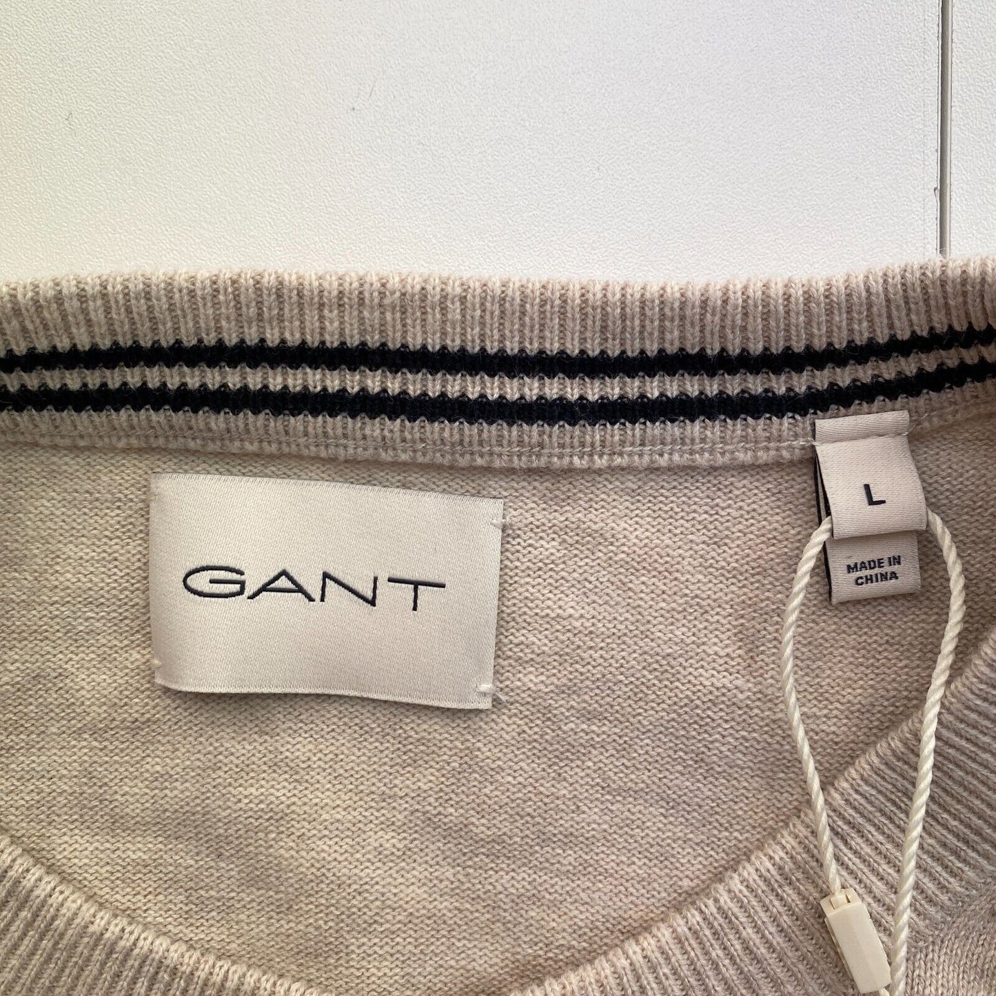 GANT Men Beige Classic Cotton Crew Neck Sweater Jumper Size L