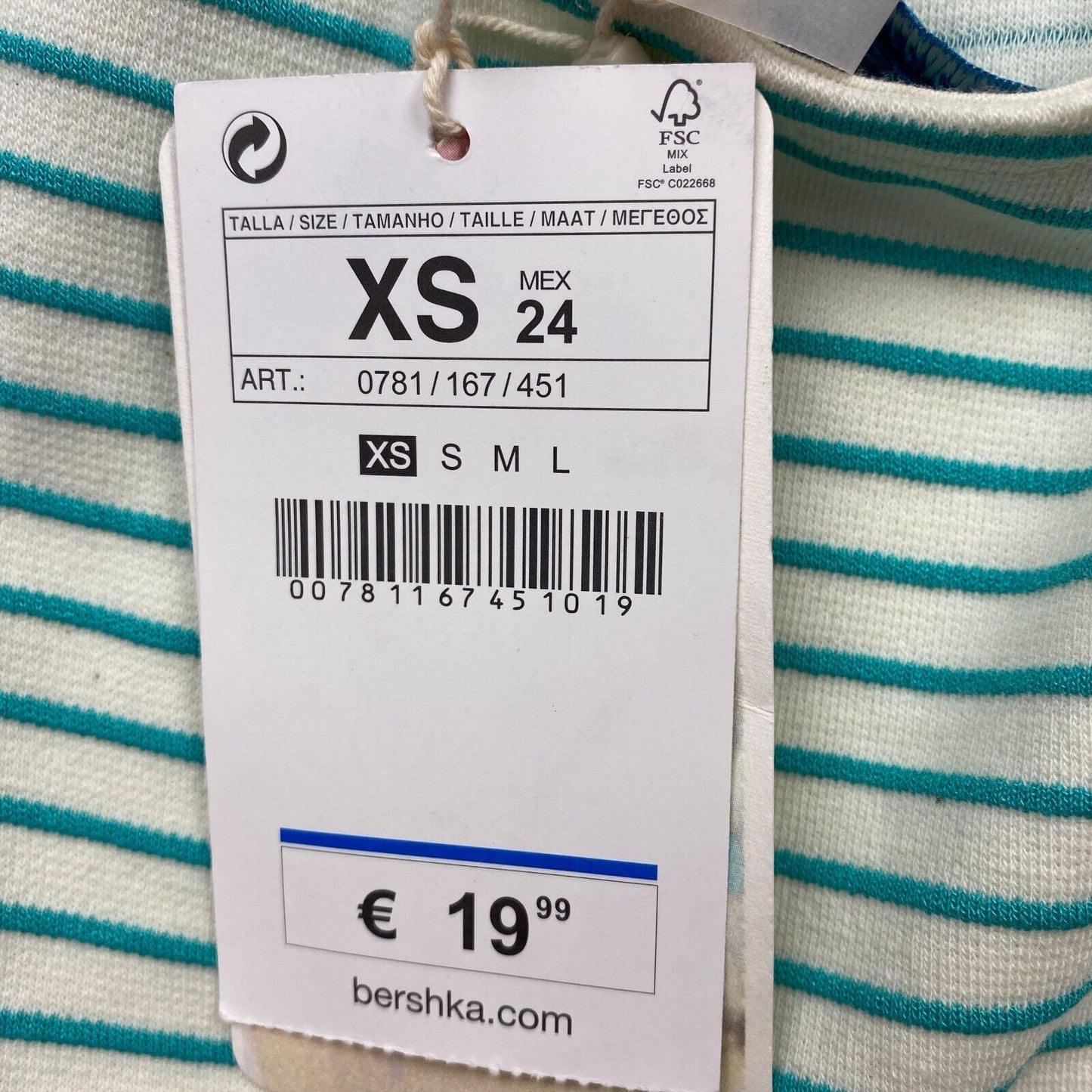 BERSHKA Robe moulante en jersey à col rond en mélange de coton blanc rayé Taille XS