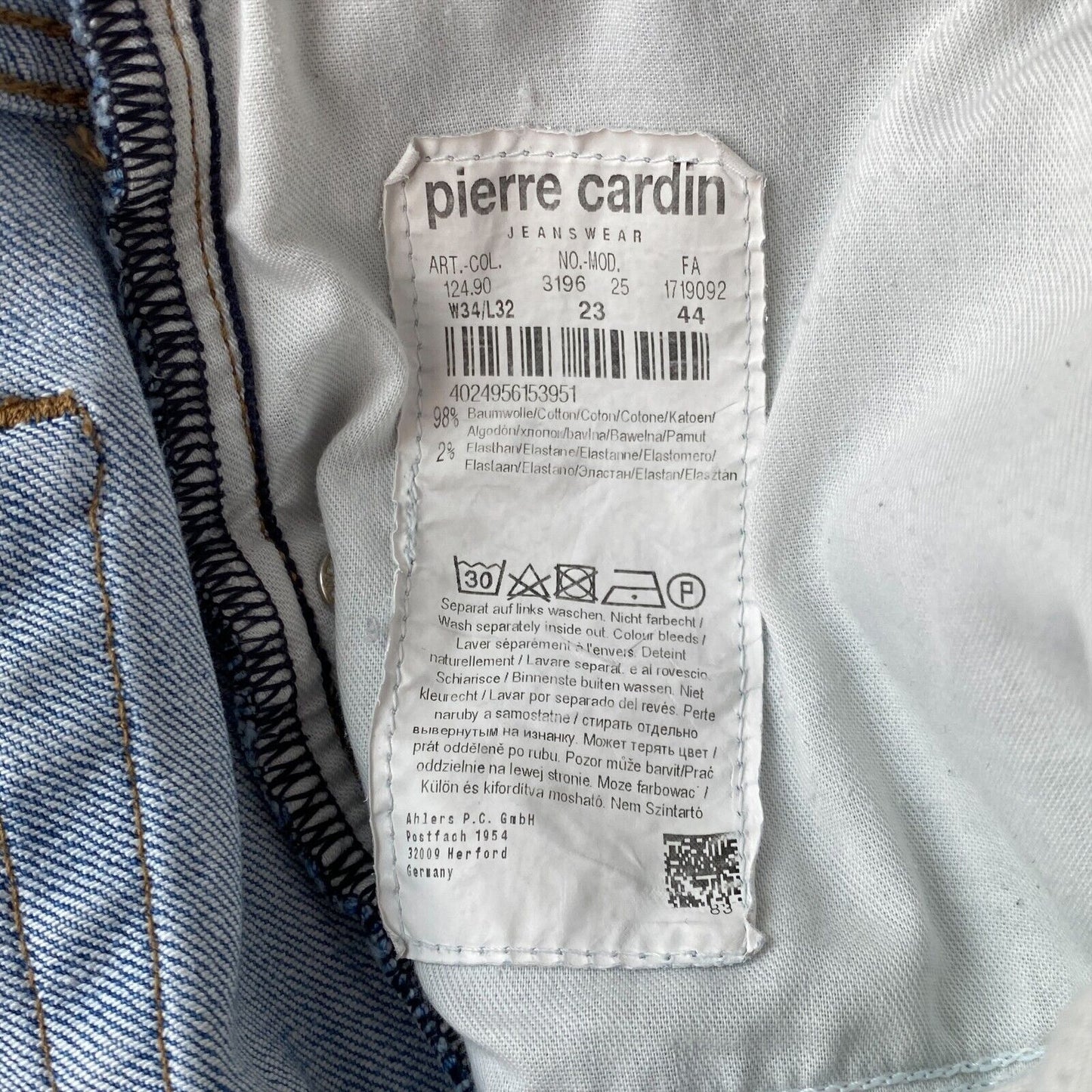 Pierre Cardin Blue Stretch Regular Straight Fit Jeans W34 L32