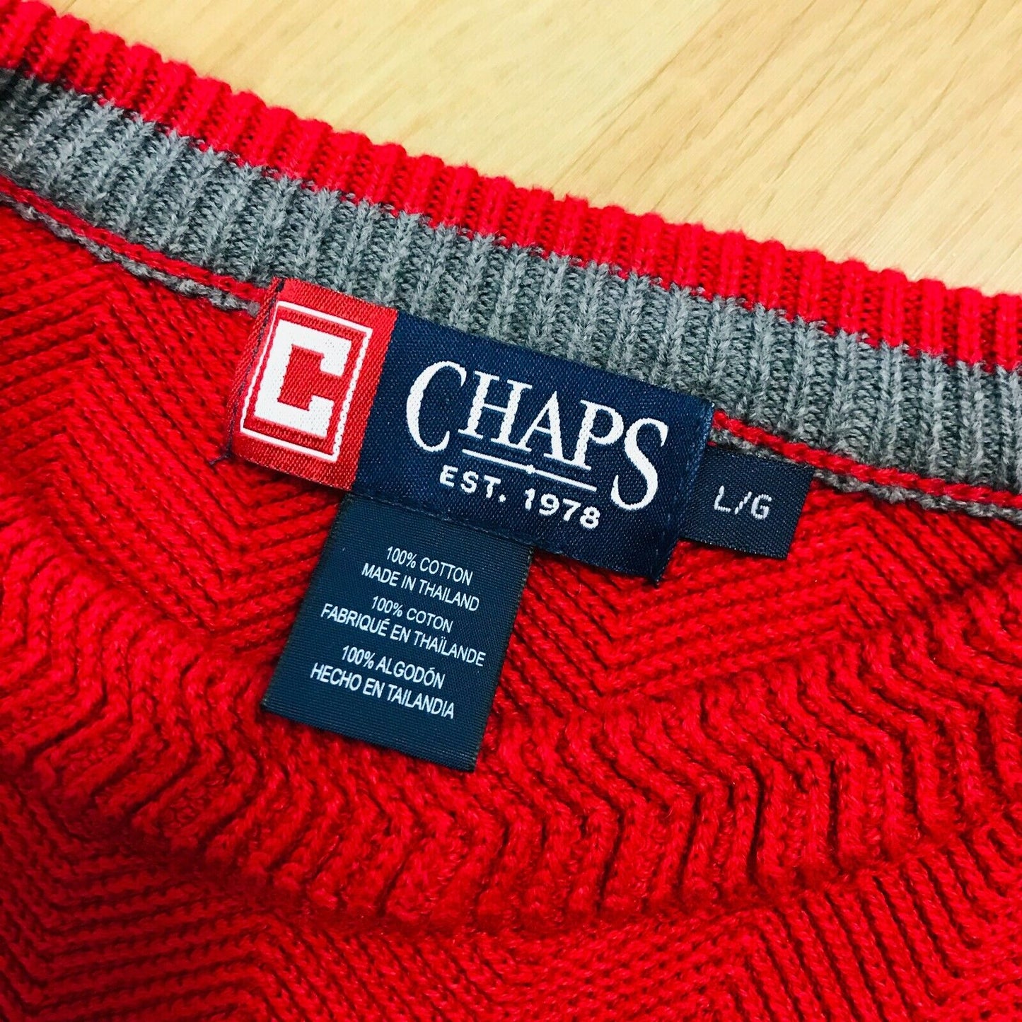 CHAPS Red Crew Neck 100% Cotton Cable Knit Jumper Sweater Size L