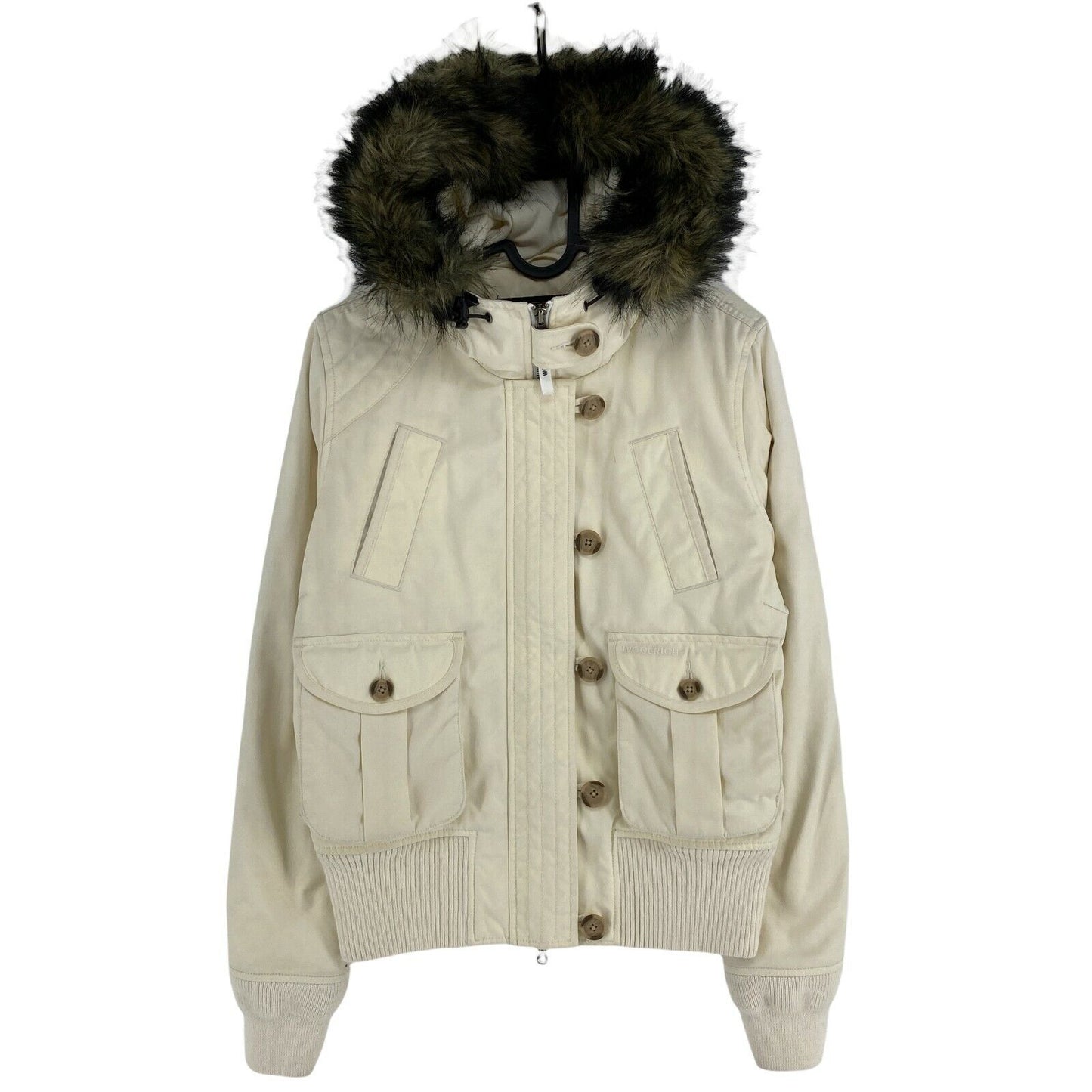 WOOLRICH Cream White Faux Fur Hooded Jacket Coat Size M